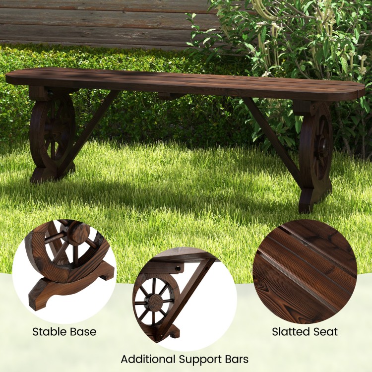 Rustic wood bench with wagon wheel base, slatted seat, and stable support bars, ideal for backyard or garden use.