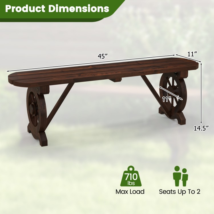 Rustic wood bench with wagon wheel base, 45" long, durable fir wood, seats up to 2, ideal for outdoor use.