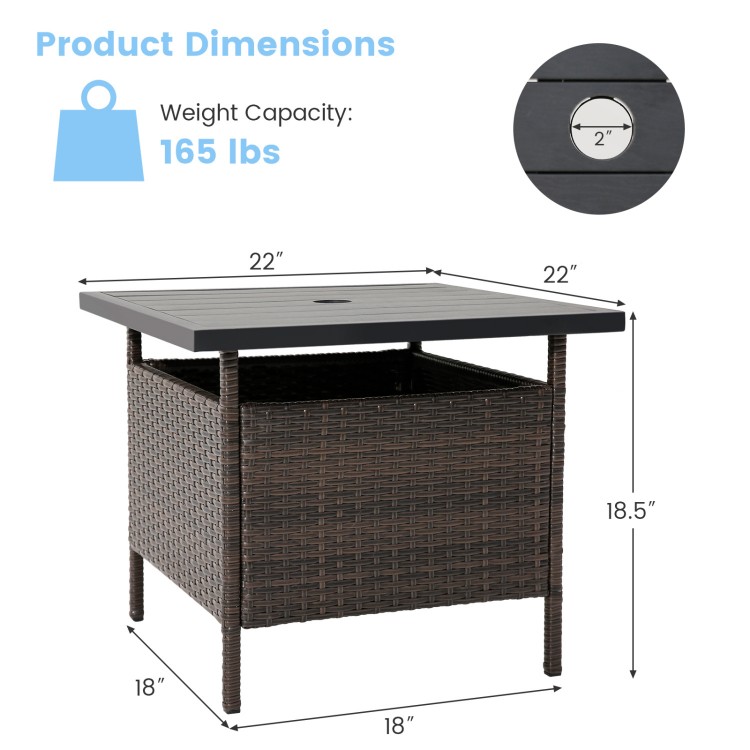 Patio square wicker side table with umbrella hole, featuring a faux wood top and durable PE rattan for outdoor use.