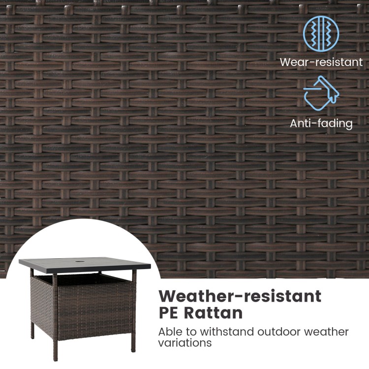 Patio square wicker side table with umbrella hole, made of weather-resistant PE rattan, perfect for outdoor use.