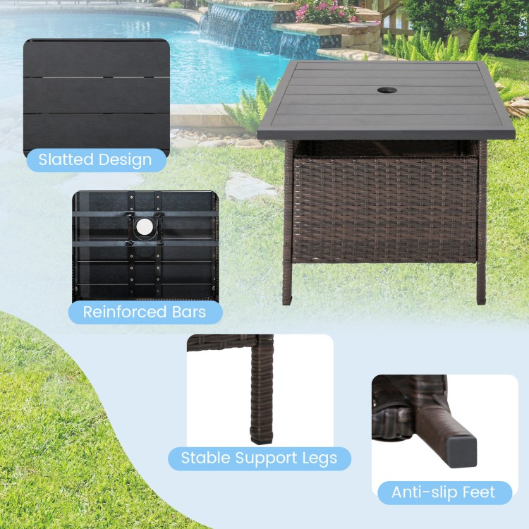 Patio square wicker side table featuring a slatted design, umbrella hole, and reinforced bars for outdoor stability.