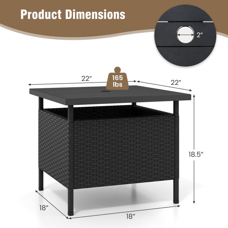 Patio square wicker side table in black with umbrella hole, featuring a sturdy rattan frame and smooth tabletop for.