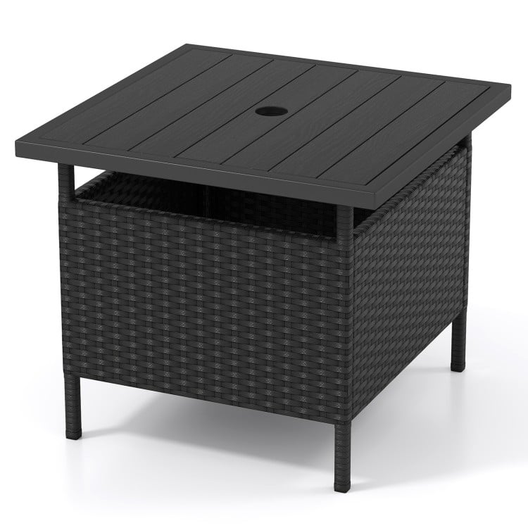 Black patio square wicker side table with umbrella hole, durable PE rattan, perfect for outdoor use in gardens or.