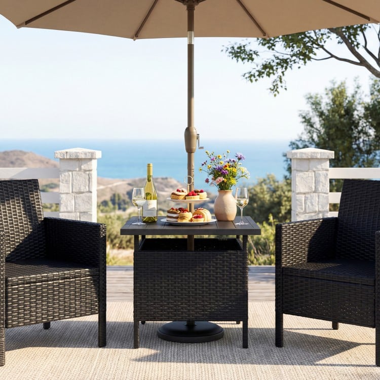 Black patio square wicker side table with umbrella hole, featuring a faux wood top, perfect for outdoor use.