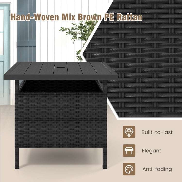Patio square wicker side table in black with umbrella hole, made of durable PE rattan for outdoor use.