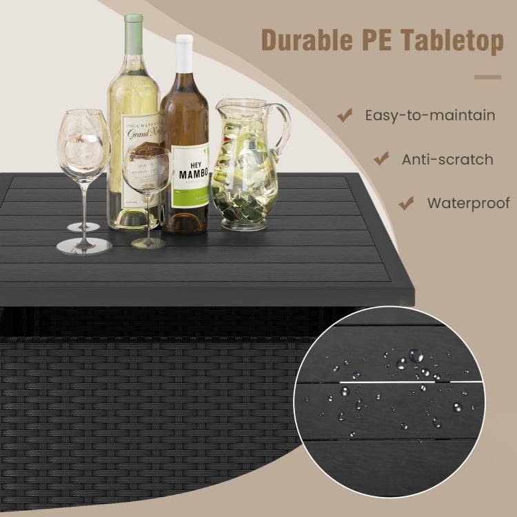 Patio square wicker side table with umbrella hole, featuring a durable PE tabletop and stylish black rattan design for.
