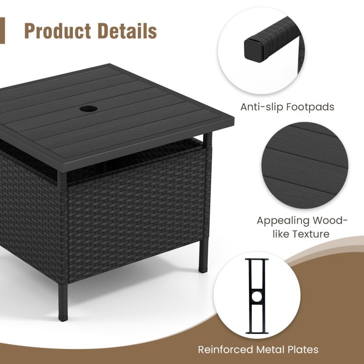 Black patio square wicker side table with umbrella hole, featuring a faux wood top and sturdy rattan-wrapped frame for.