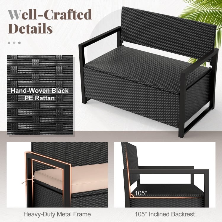 Black hand-woven PE rattan patio storage bench with inclined backrest and 40-gallon storage for outdoor use.