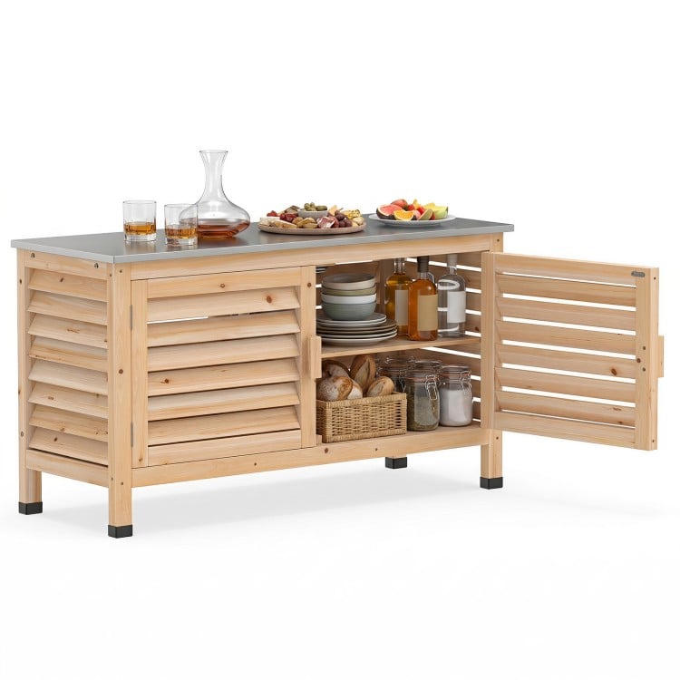 Patio storage cabinet features a stainless steel countertop and L-shaped shelf, perfect for organizing tools and tableware.