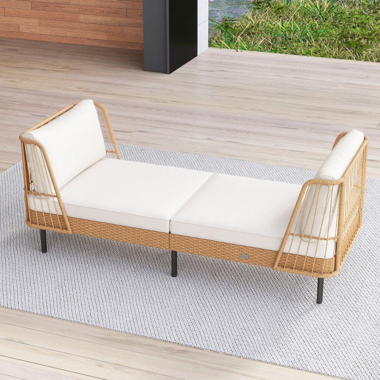 Boho rattan loveseat daybed with white cushions, spacious 72" width, perfect for outdoor relaxation.