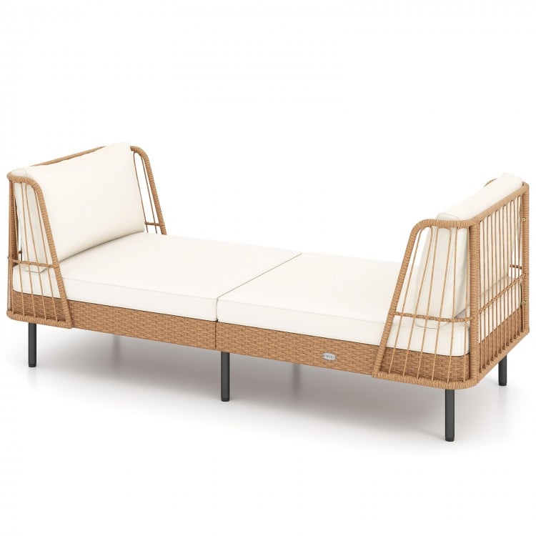 Boho rattan loveseat daybed with white cushions, 72" wide, ideal for outdoor relaxation and comfort.