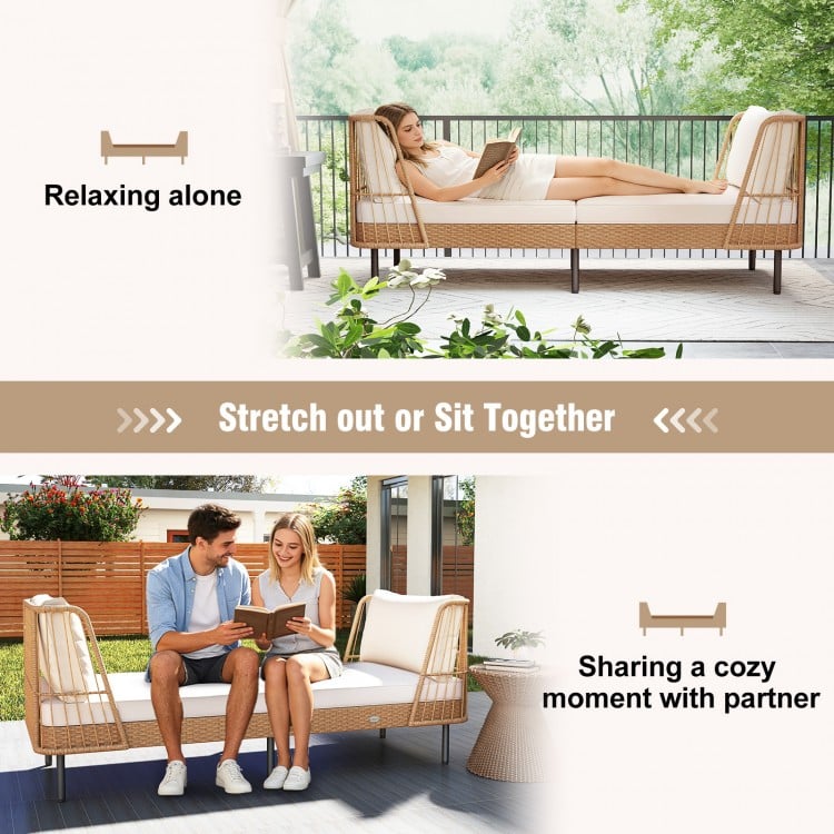 Patio wicker daybed loveseat in boho style with soft cushions, ideal for relaxing or sharing cozy moments outdoors.