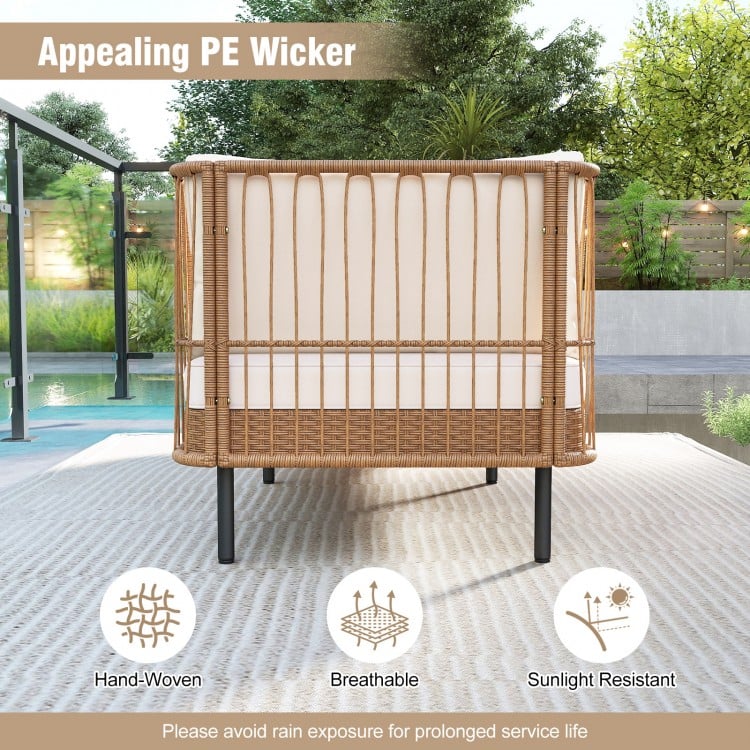 Back view of the patio wicker daybed loveseat with soft cushions, featuring handwoven PE rattan for outdoor durability.