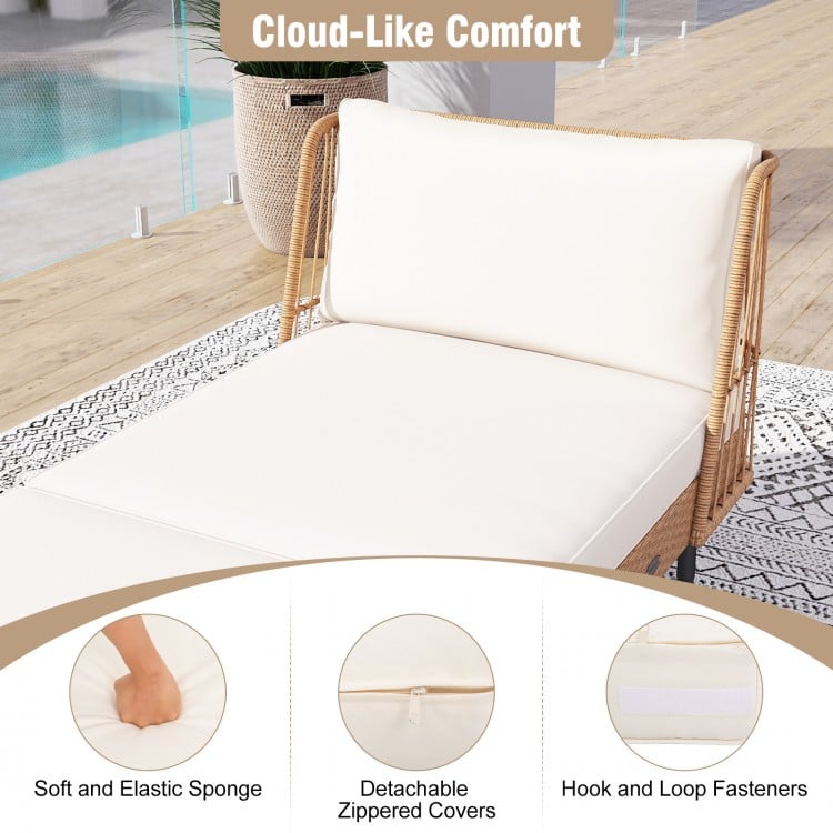 Close-up of the white seat cushion on the patio wicker daybed, featuring removable zippered covers for easy cleaning.