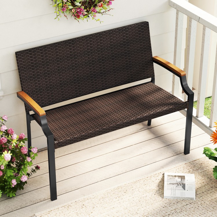 Patio wicker loveseat chair showcasing hand-woven PE rattan and smooth acacia wood armrests, ideal for garden use.