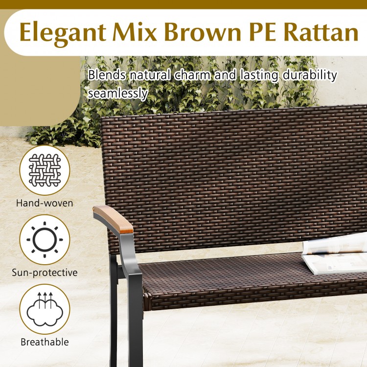 Hand-woven PE rattan loveseat chair with acacia wood armrests, perfect for outdoor porch or garden relaxation.