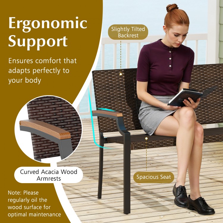 Patio wicker loveseat chair featuring acacia wood armrests, ergonomic backrest, and spacious seat for outdoor comfort.