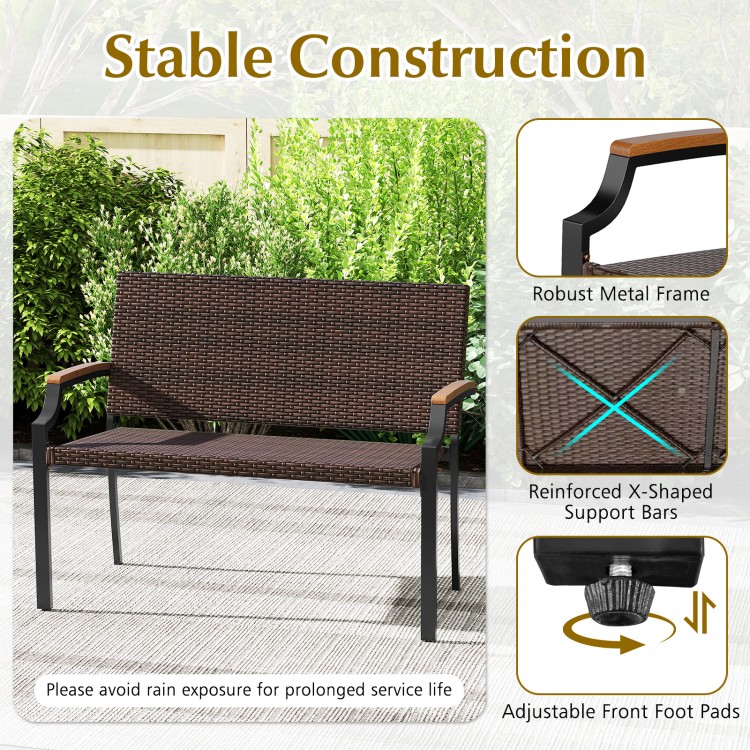 Patio wicker loveseat chair featuring a robust metal frame, acacia wood armrests, and stackable design for outdoor use.