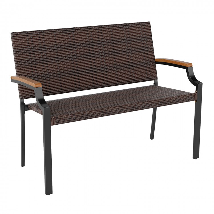 Patio wicker loveseat chair with acacia wood armrests and metal frame, perfect for backyard and garden seating.