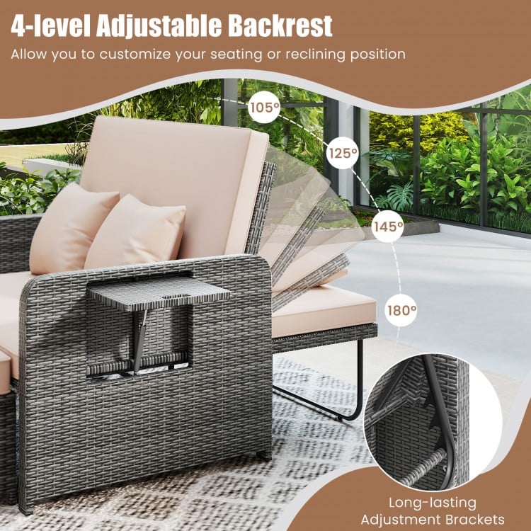 Patio wicker loveseat sofa with adjustable backrest in 4 positions, featuring beige cushions and retractable side tray.