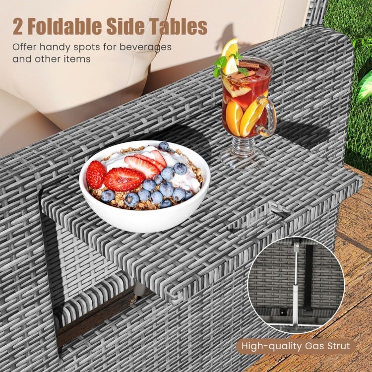 Patio wicker loveseat sofa with beige cushions and two foldable side tables, perfect for backyard relaxation.