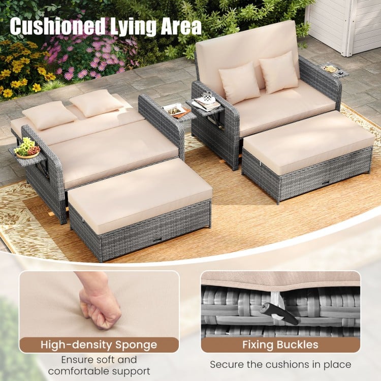 Patio wicker loveseat sofa with beige cushions, adjustable backrest, and multipurpose ottoman for outdoor relaxation.
