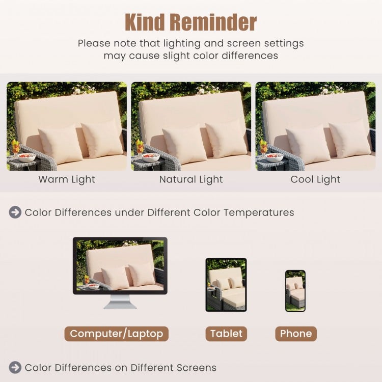 Patio wicker loveseat sofa in beige with ottoman and retractable side tray, ideal for backyard relaxation.