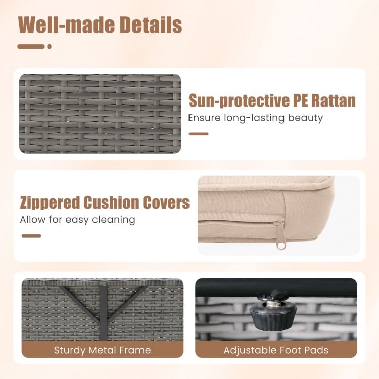 Detail shot of sun-protective PE rattan texture on the patio wicker loveseat sofa with adjustable foot pads.