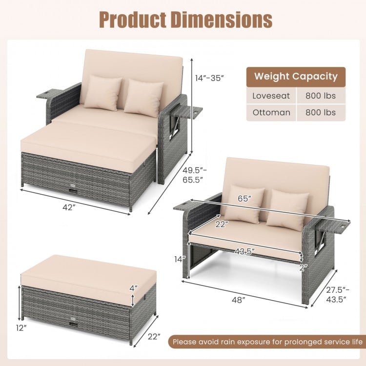 Dimension chart for patio wicker loveseat sofa with multipurpose ottoman, showing measurements and weight capacity for.