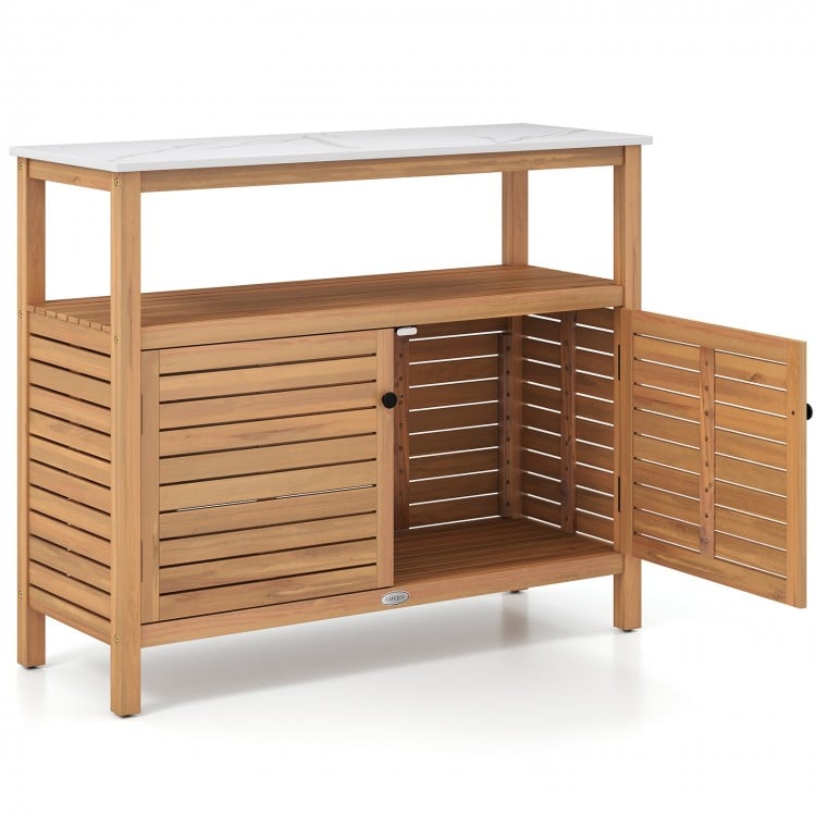 Acacia wood outdoor storage cabinet with marble-like countertop, featuring two doors and a spacious shelf for versatile.