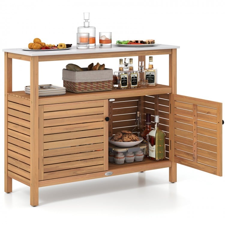 Outdoor acacia wood buffet cabinet with marble-like countertop, featuring spacious storage and two doors for versatile.