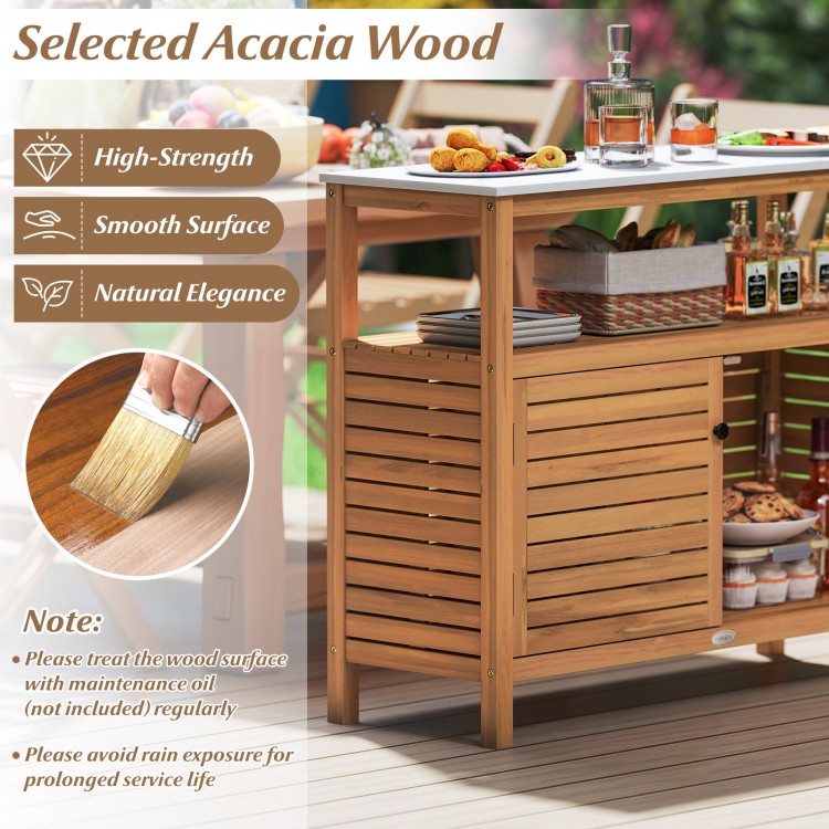 Acacia wood outdoor buffet cabinet with a marble-like countertop, featuring spacious storage and elegant design for.