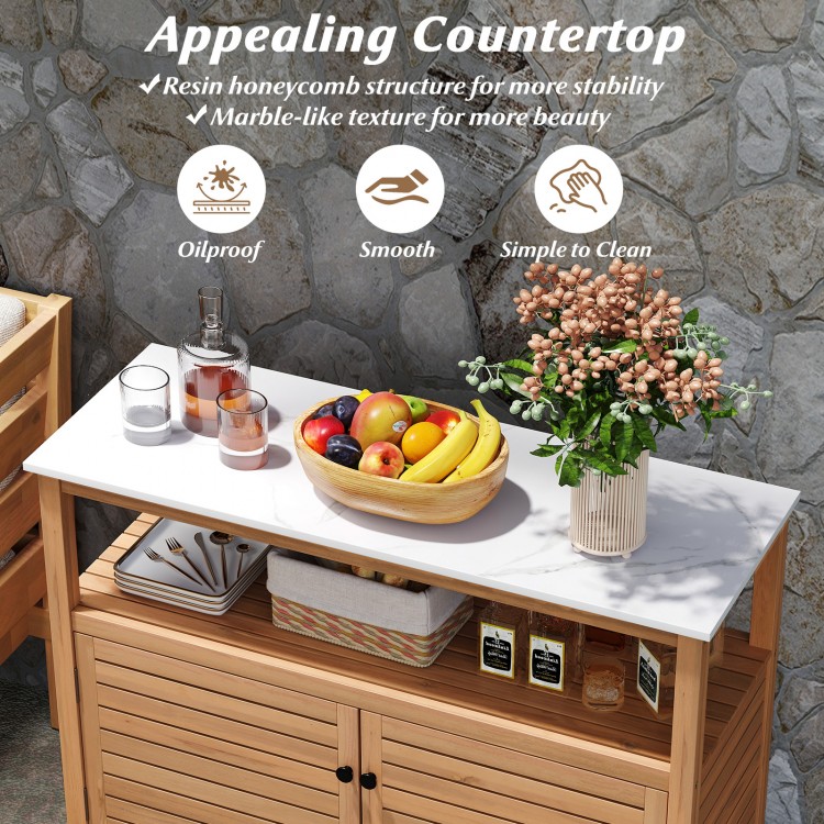 Spacious acacia wood outdoor buffet cabinet with marble-like resin countertop, perfect for garden organization.