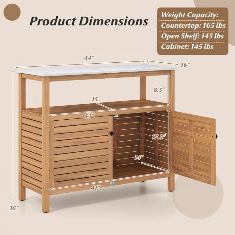 Patio wood storage cabinet with acacia wood, marble-like countertop, and two-door cabinet for outdoor organization.