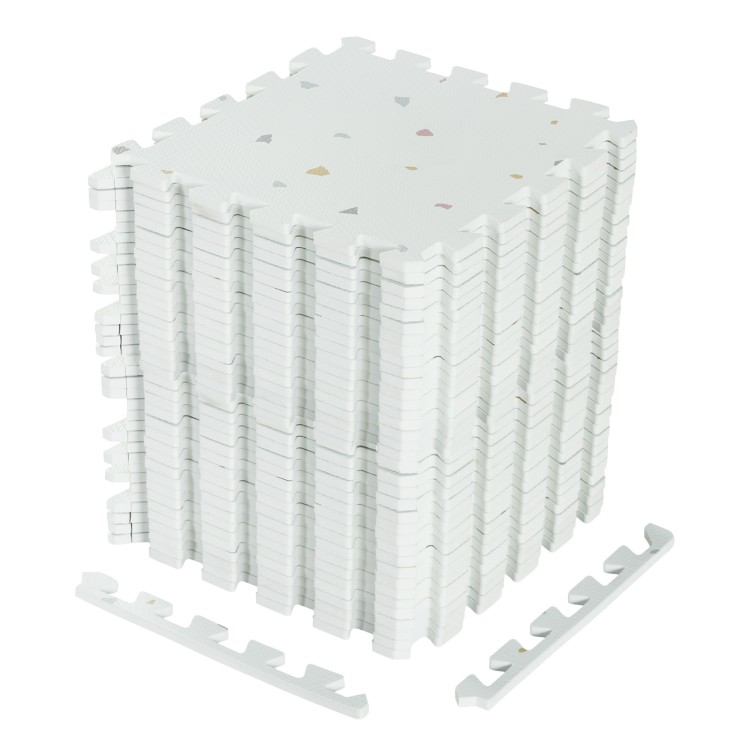 Stack of PCS exercise mats with widened end borders, featuring a non-slip surface for home gym and kids' room use.