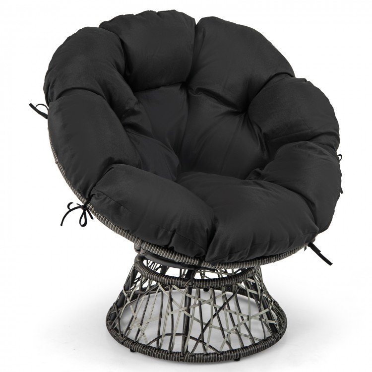 Black PE wicker Papasan chair with thick removable cushion, featuring a stable round base and 360° swivel for comfort.