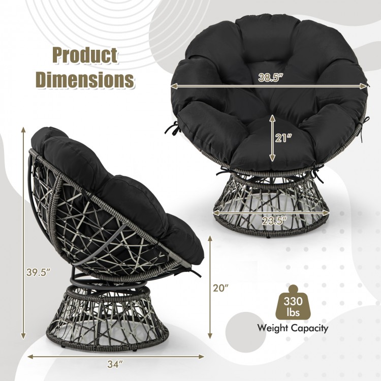 Black PE wicker Papasan chair with thick removable cushion, 360° swivel, and stable round base for indoor or outdoor.