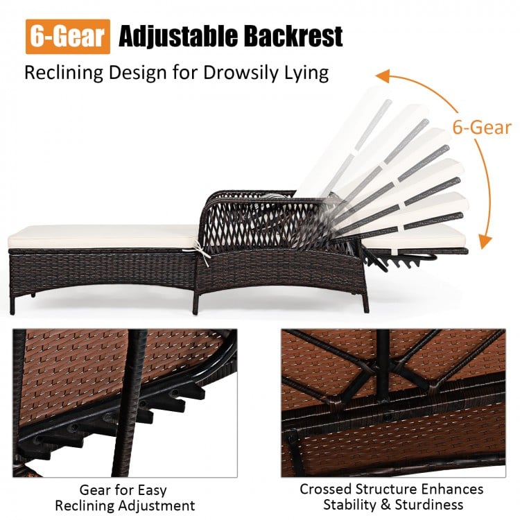 PE rattan chaise lounge chair with 6-gear adjustable backrest and thick cushion, perfect for outdoor relaxation.