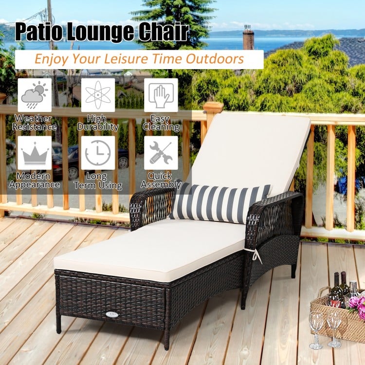 PE rattan chaise lounge chair featuring thick padding and adjustable backrest, ideal for garden or beach use.