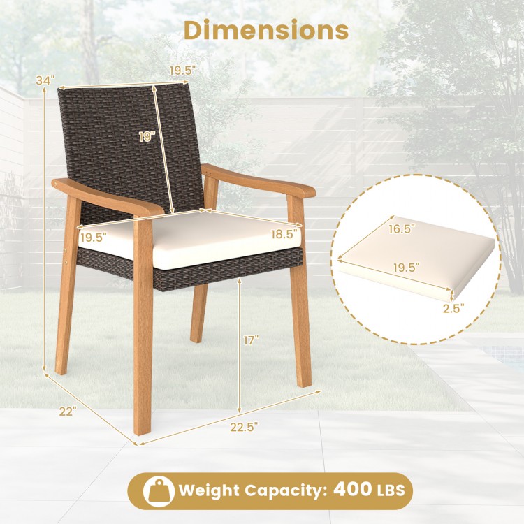 Dimensions of the PE rattan outdoor patio dining chair with acacia wood armrests and removable cushion, weight capacity.