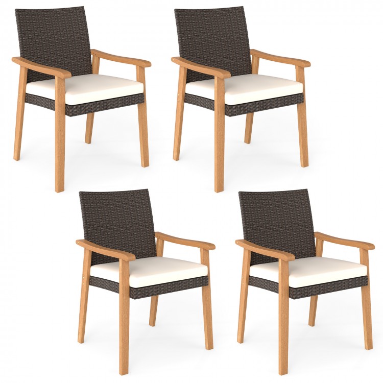 Set of 4 PE rattan outdoor patio dining chairs with acacia wood armrests and removable white cushions for comfortable.