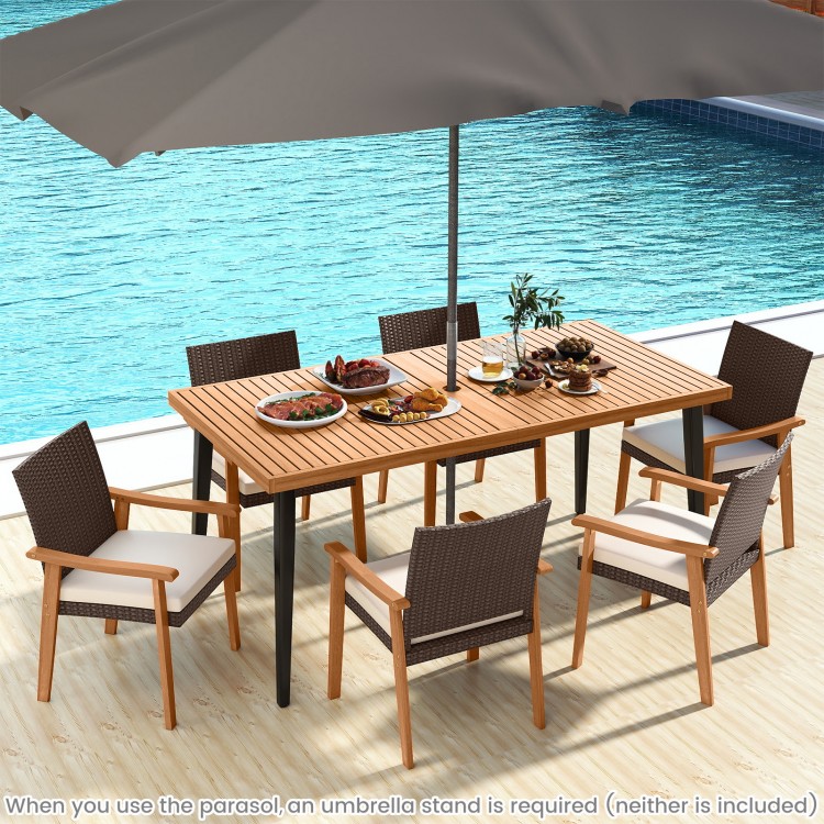 Outdoor patio dining chair set of 4 with acacia wood armrests and removable cushions, perfect for alfresco dining.