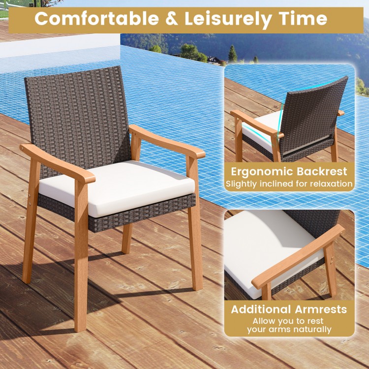 PE rattan outdoor dining chair with acacia wood armrests and removable cushion, ideal for patio relaxation.