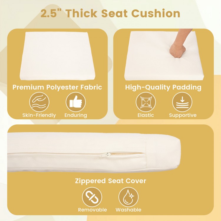 2.5" thick seat cushion with removable zippered cover, made of premium polyester for comfort and easy cleaning.
