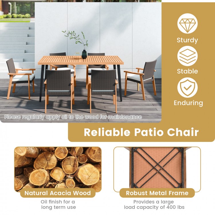 PE rattan outdoor patio dining chair set of 4 with acacia wood armrests and removable cushions for comfortable seating.