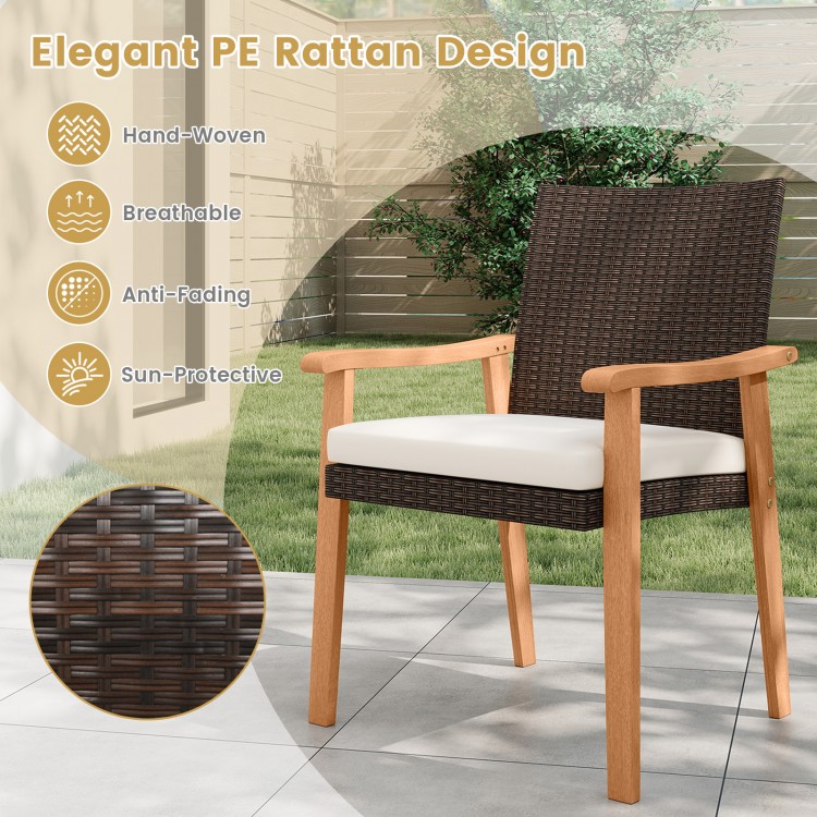Hand-woven PE rattan outdoor dining chair with acacia wood armrests and removable cushion, perfect for patio relaxation.