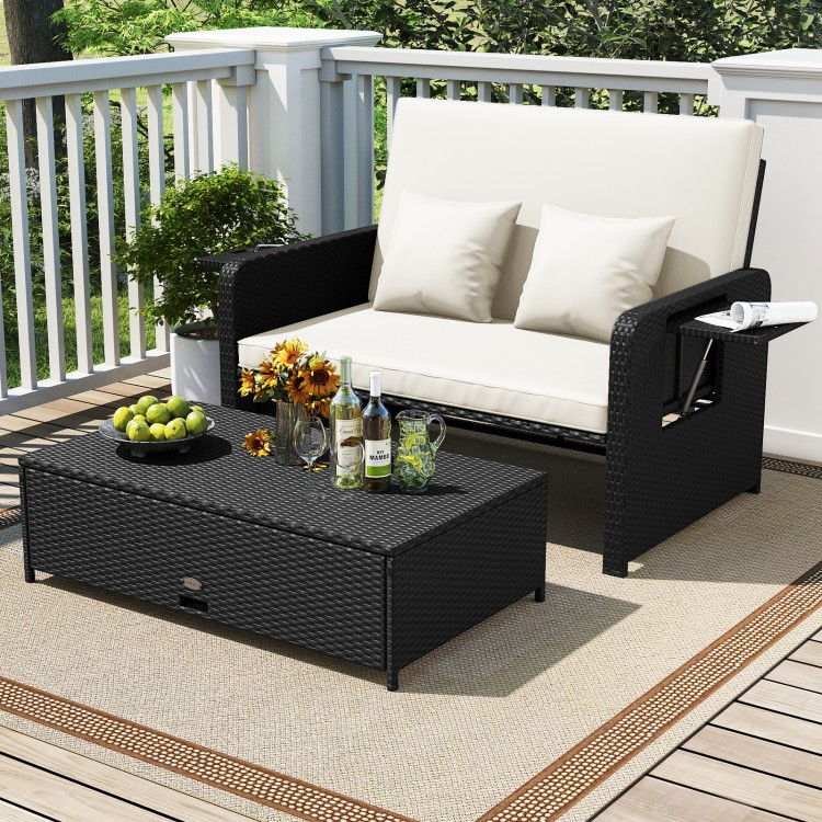 PE wicker outdoor daybed with adjustable backrest and storage ottoman, perfect for patio relaxation and versatile.