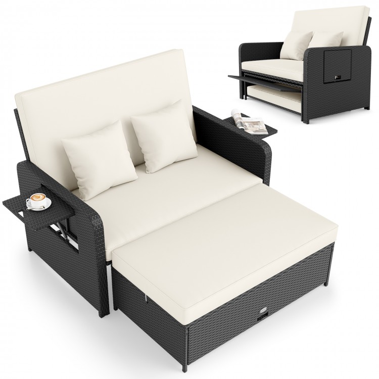 PE wicker outdoor daybed with adjustable backrest and storage ottoman, ideal for patio and garden relaxation.