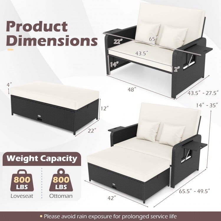 PE wicker outdoor daybed with adjustable backrest and storage ottoman, perfect for patio and garden relaxation.
