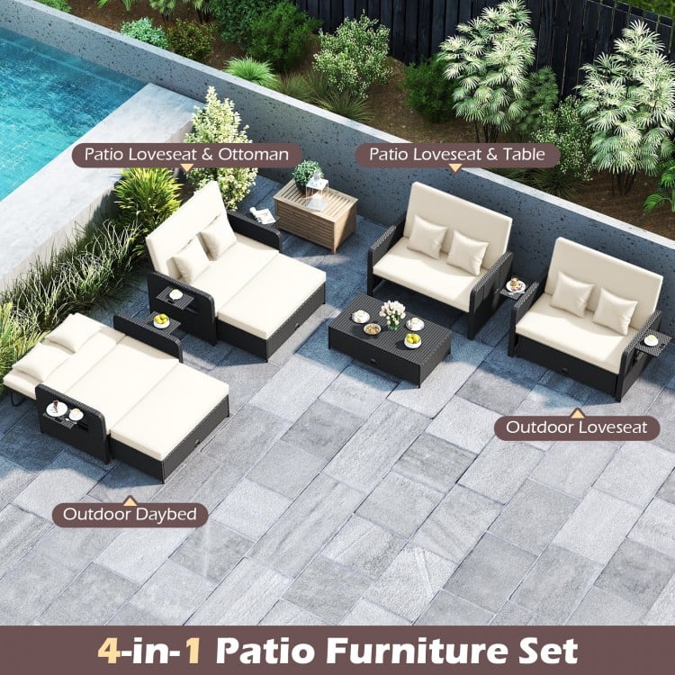 Outdoor daybed with adjustable backrest and storage ottoman in white PE wicker, perfect for patio or garden relaxation.